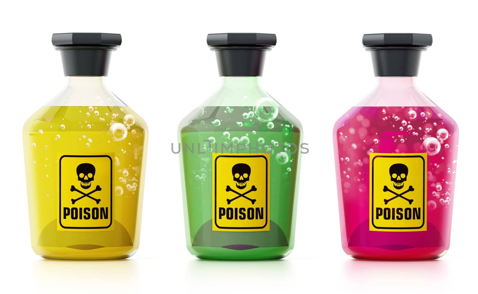 Poison bottles isolated on white background. 3D illustration.