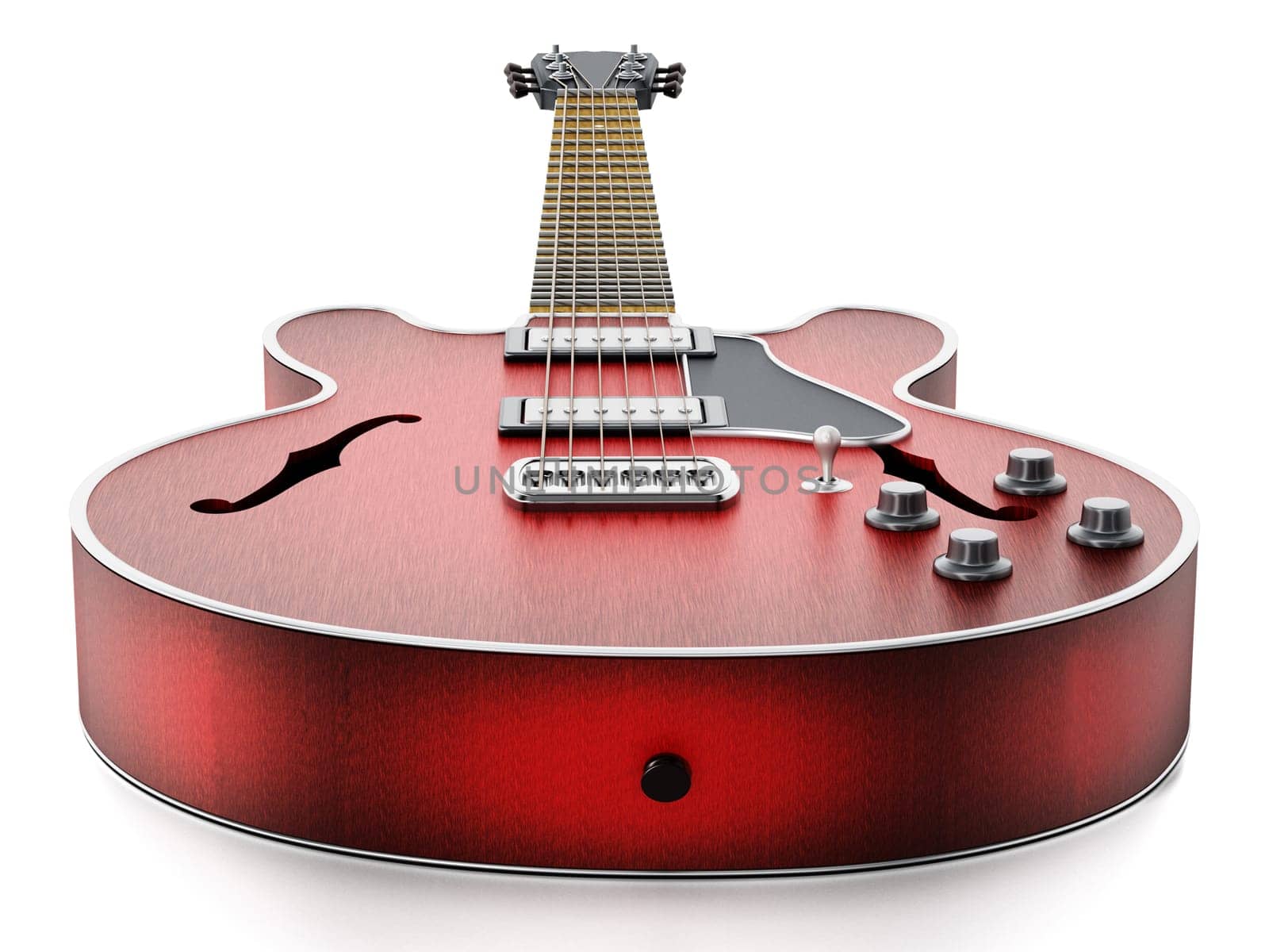 Electric guitar with flaming red wooden finish. 3D illustration.