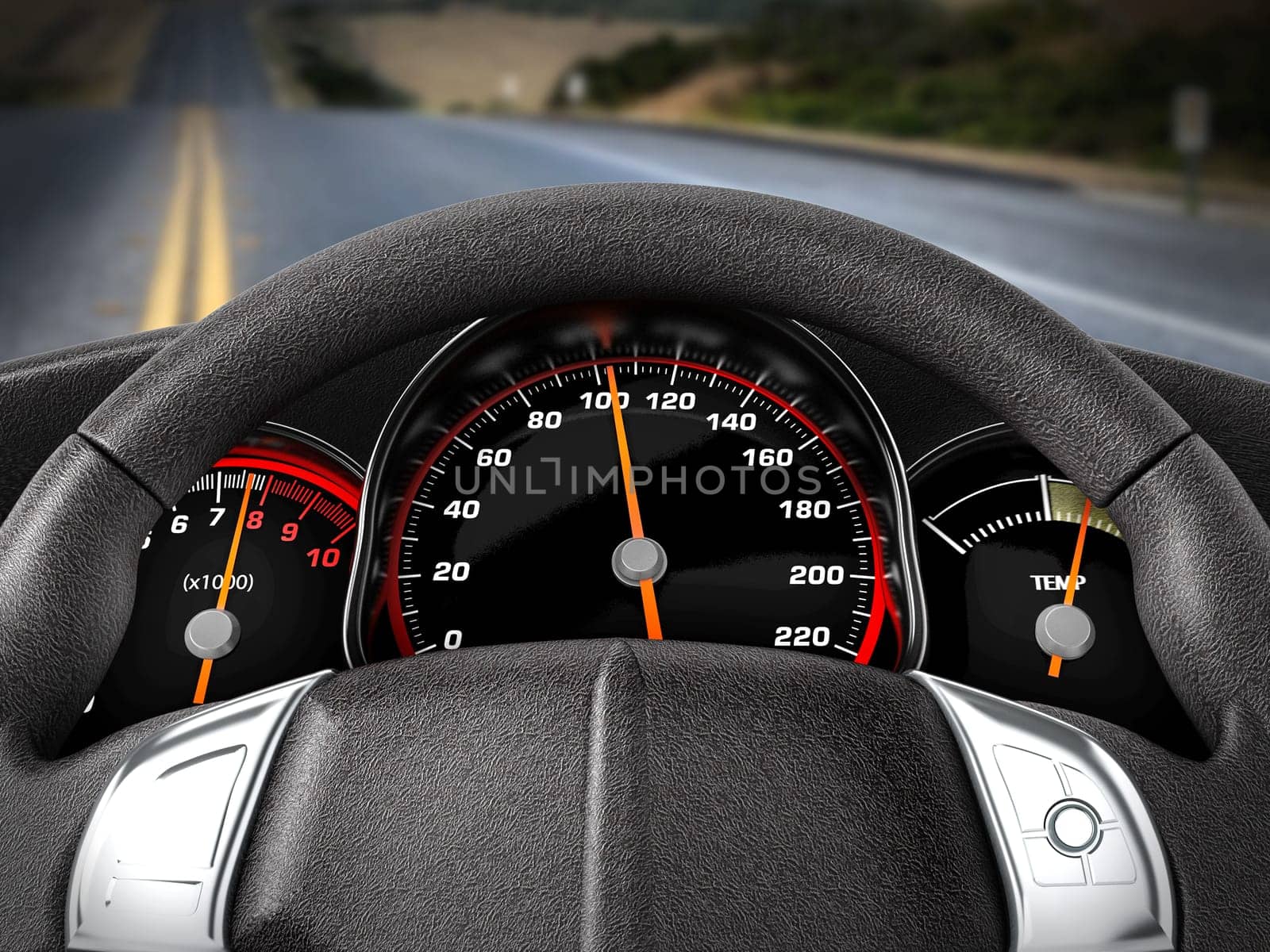 View of the road from the driver seat. 3D illustration.
