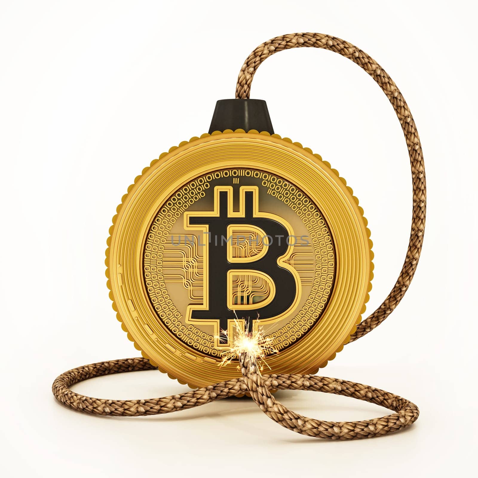 Bitcoin bomb with burning fuse. 3D illustration.