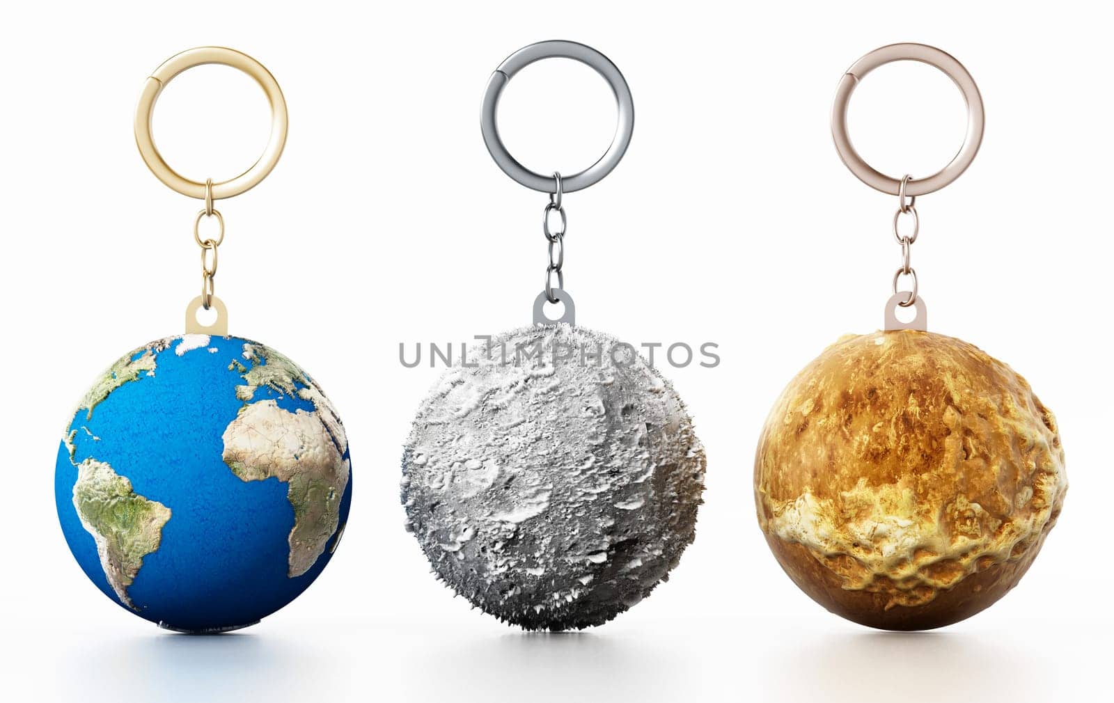 3D Earth, Moon and Mars connected to keychain. 3D illustration.