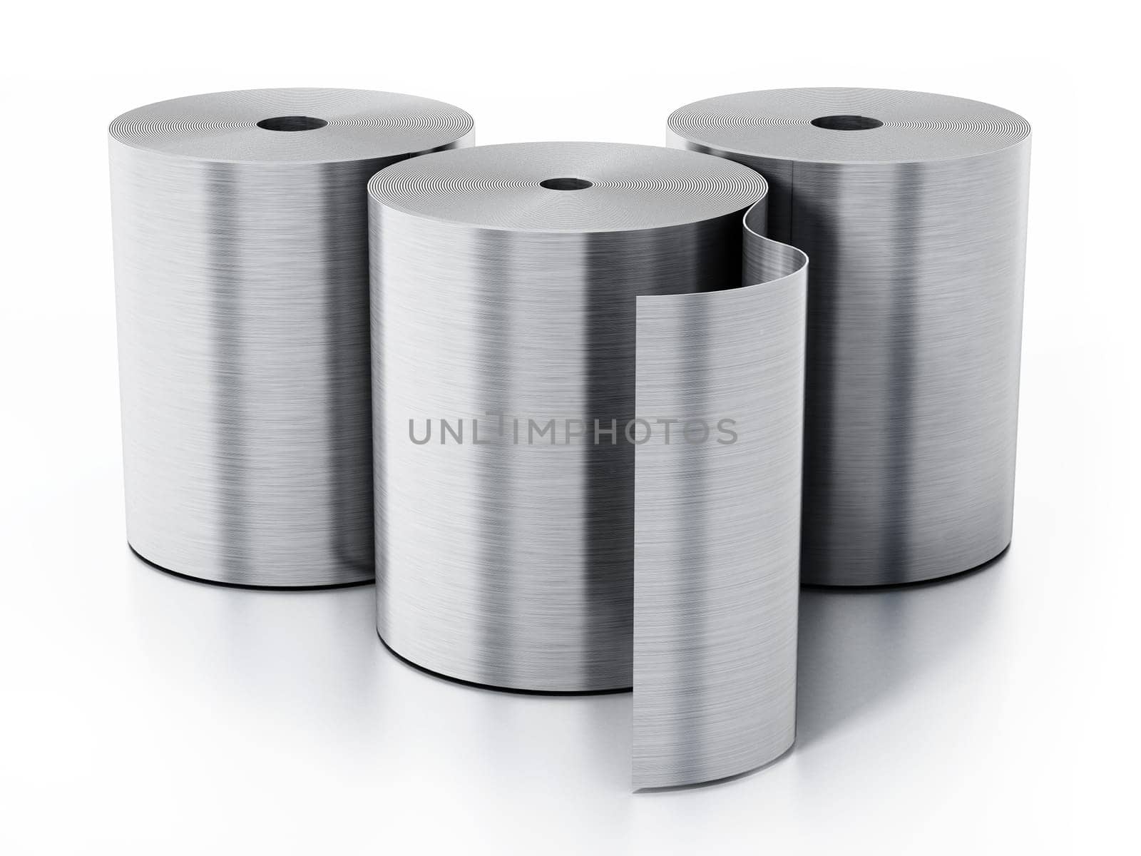 Aluminum sheet rolls isolated on white background. 3D illustration.