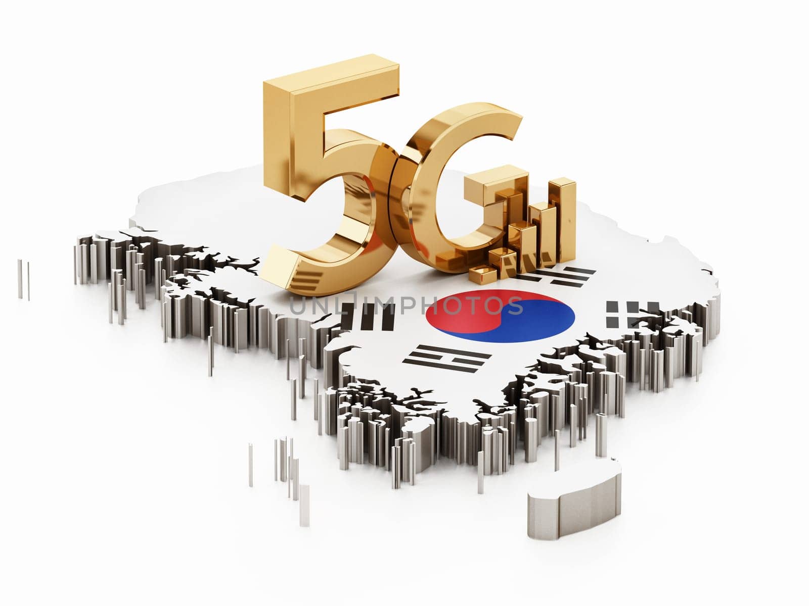 5G word standing on South Korea map and flag. 3D illustration.