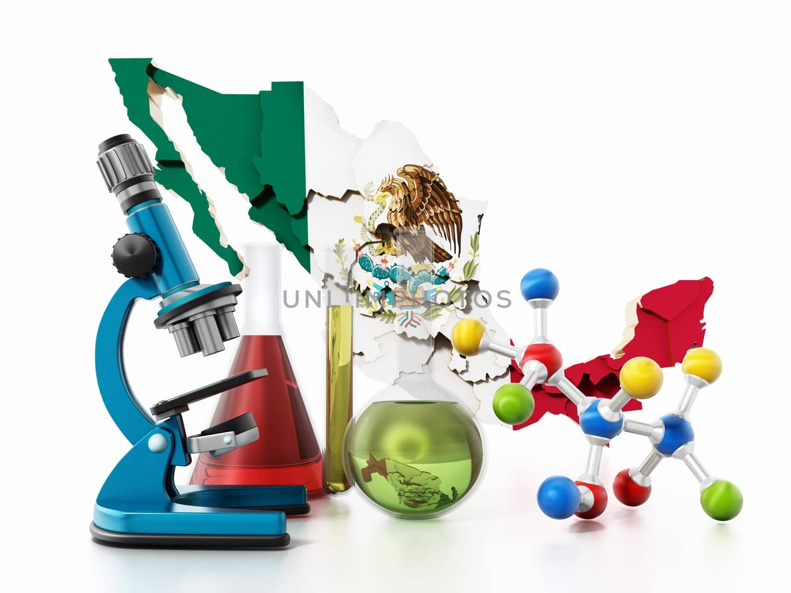 Mexico map and laboratory tools. Narcotics concept. 3D illustration.