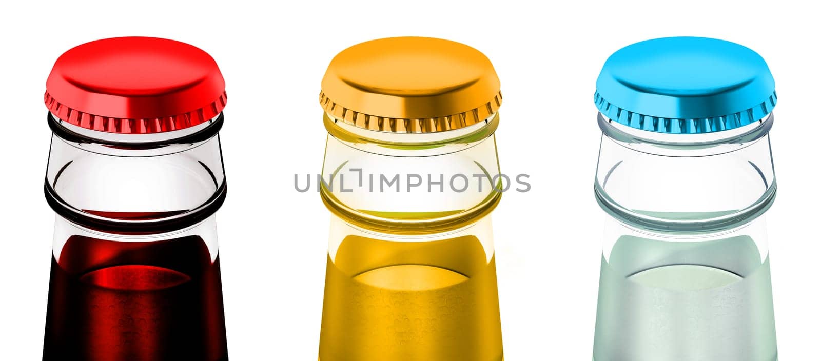 Soda bottles with metal caps. 3D illustration.