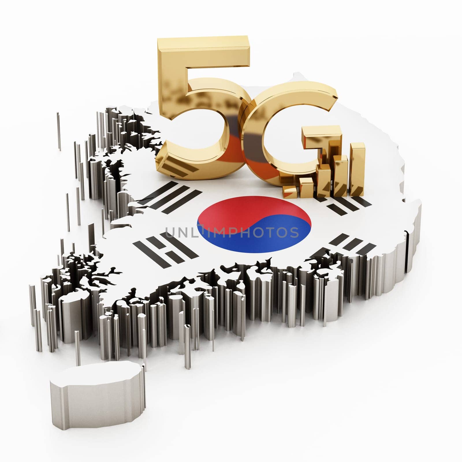 5G word standing on South Korea map and flag. 3D illustration.