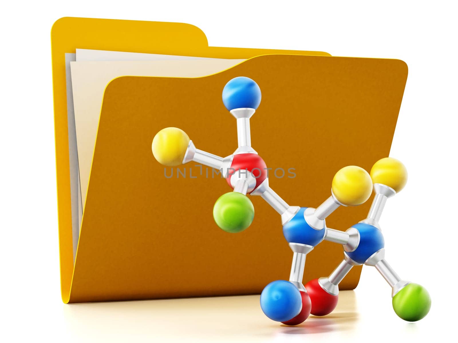 Open yellow folder and multi colored molecule model. 3D illustration.