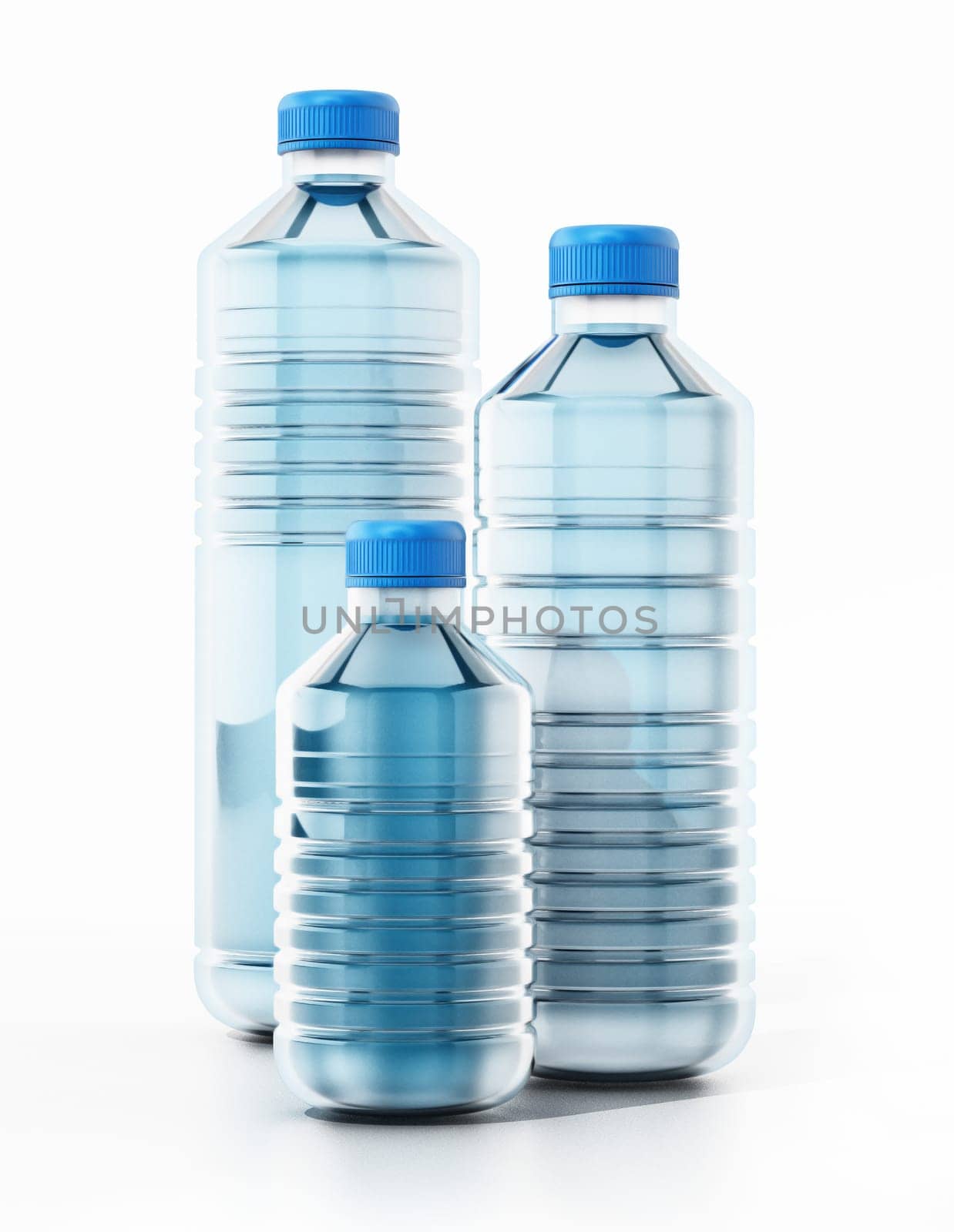 Blue plastic bottles full of water. 3D illustration.