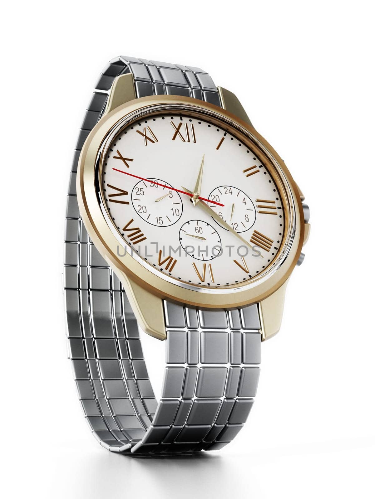 Classic metal watch isolated on white background. 3D illustration.