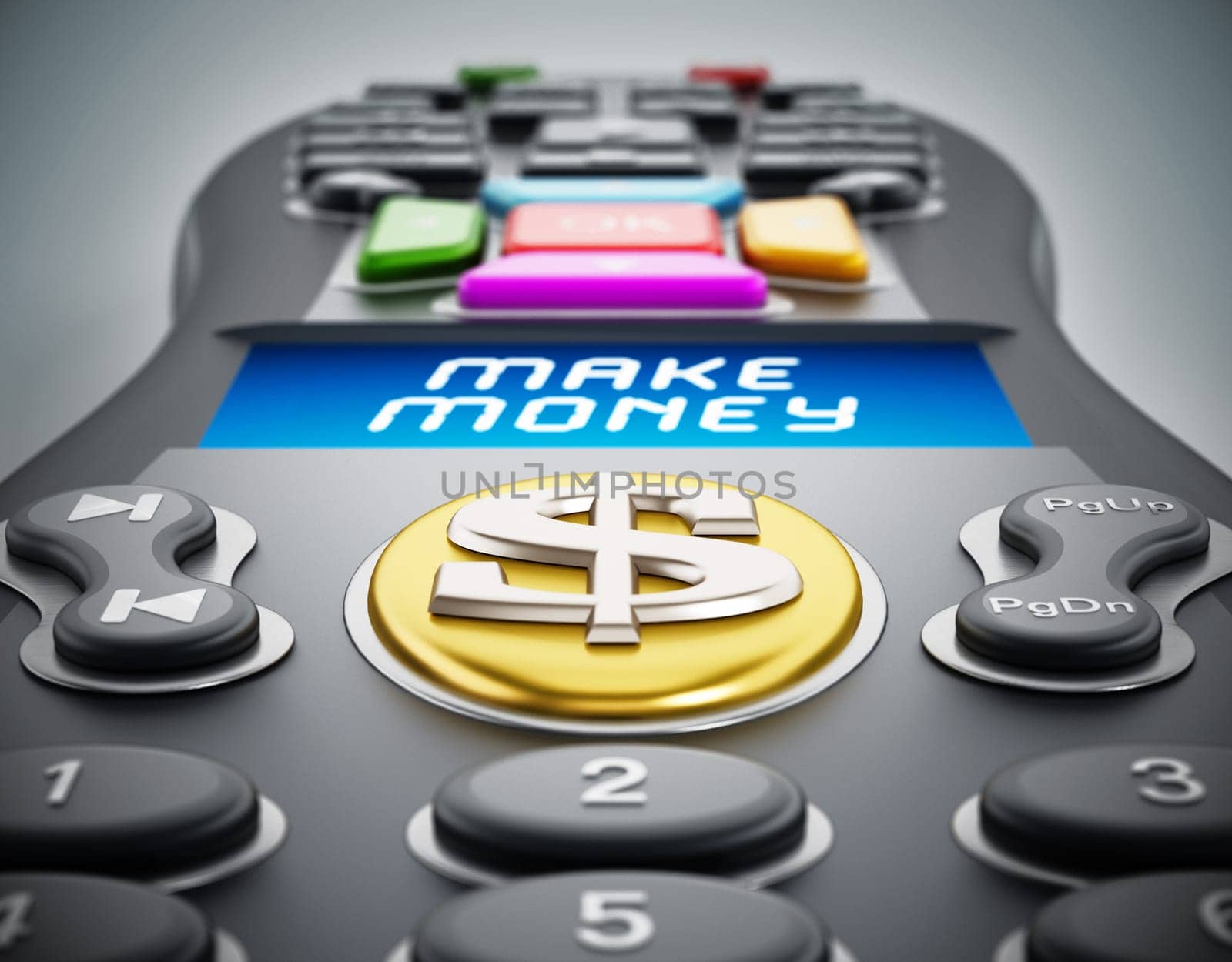Make money text on remote controller LCD panel. 3D illustration.