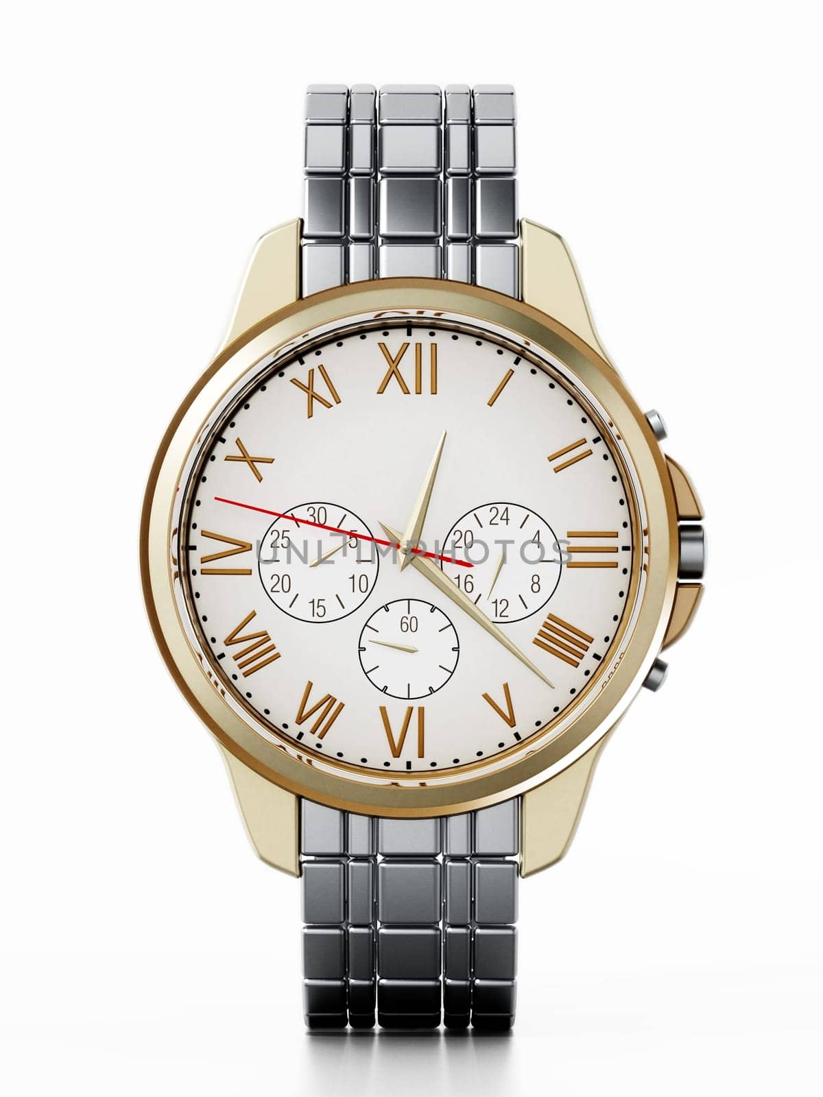 Classic metal watch isolated on white background. 3D illustration.