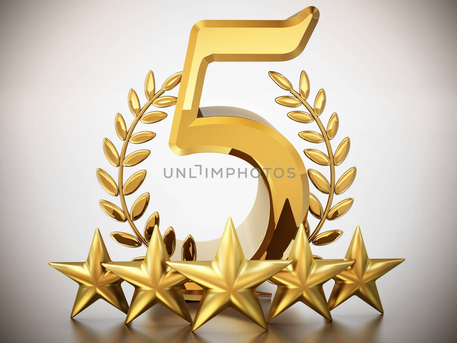 Number 5, stars and laurels isolated on white background. 3D illustration.