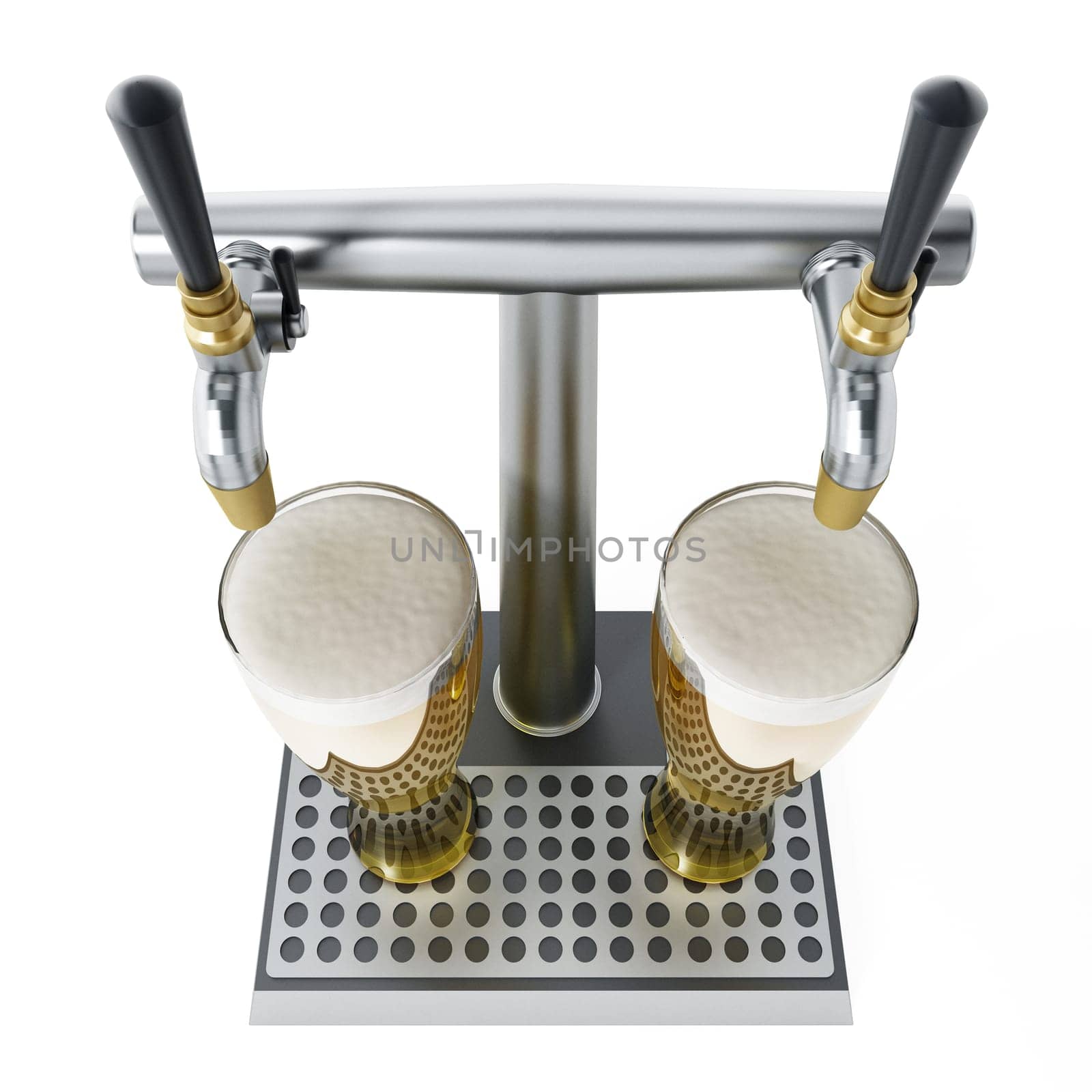 Two glasses of beer under alcoholic beverage taps. 3D illustration.
