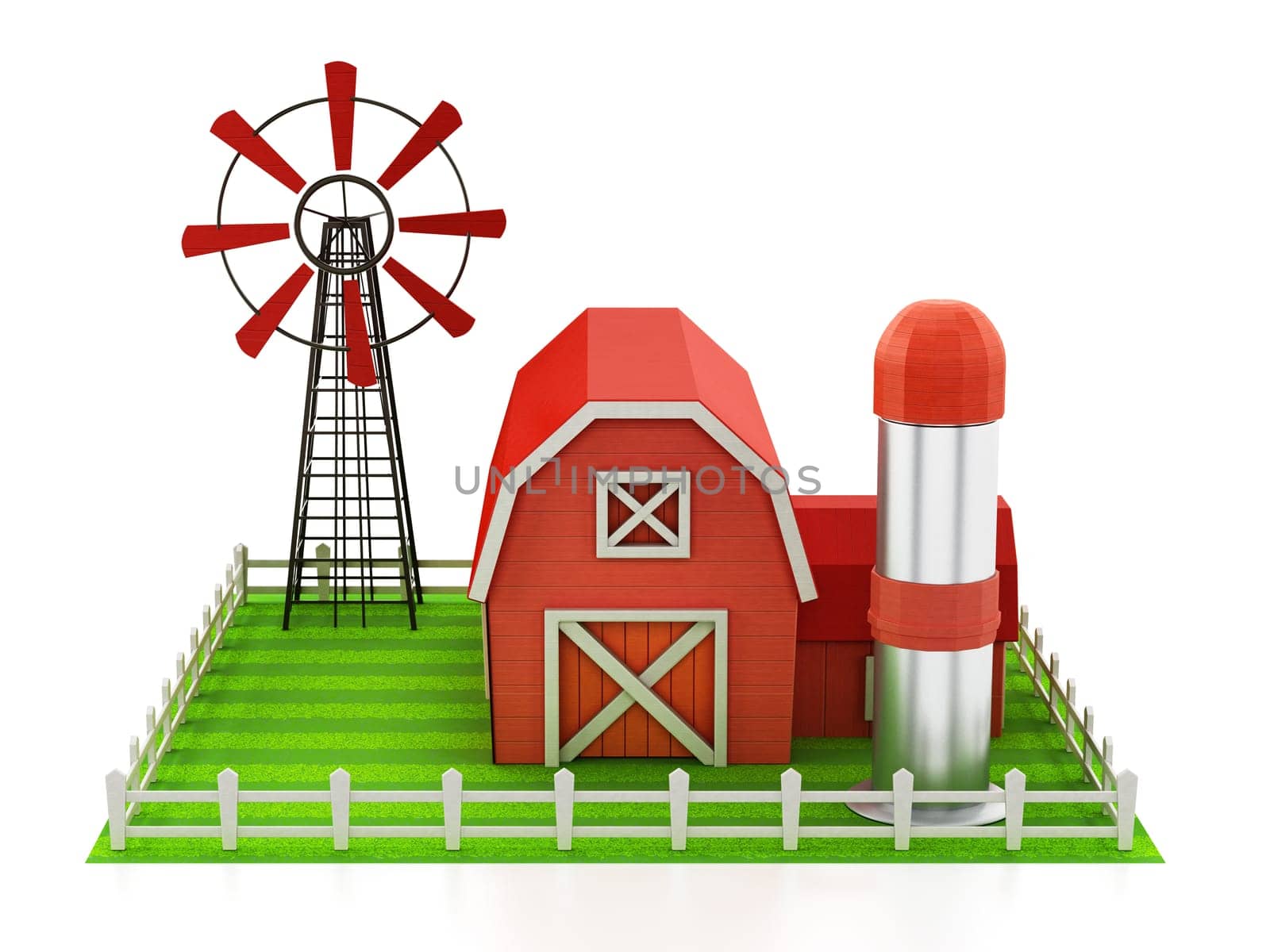 Farmhouse with windmill and silo standing on green area. 3D illustration.