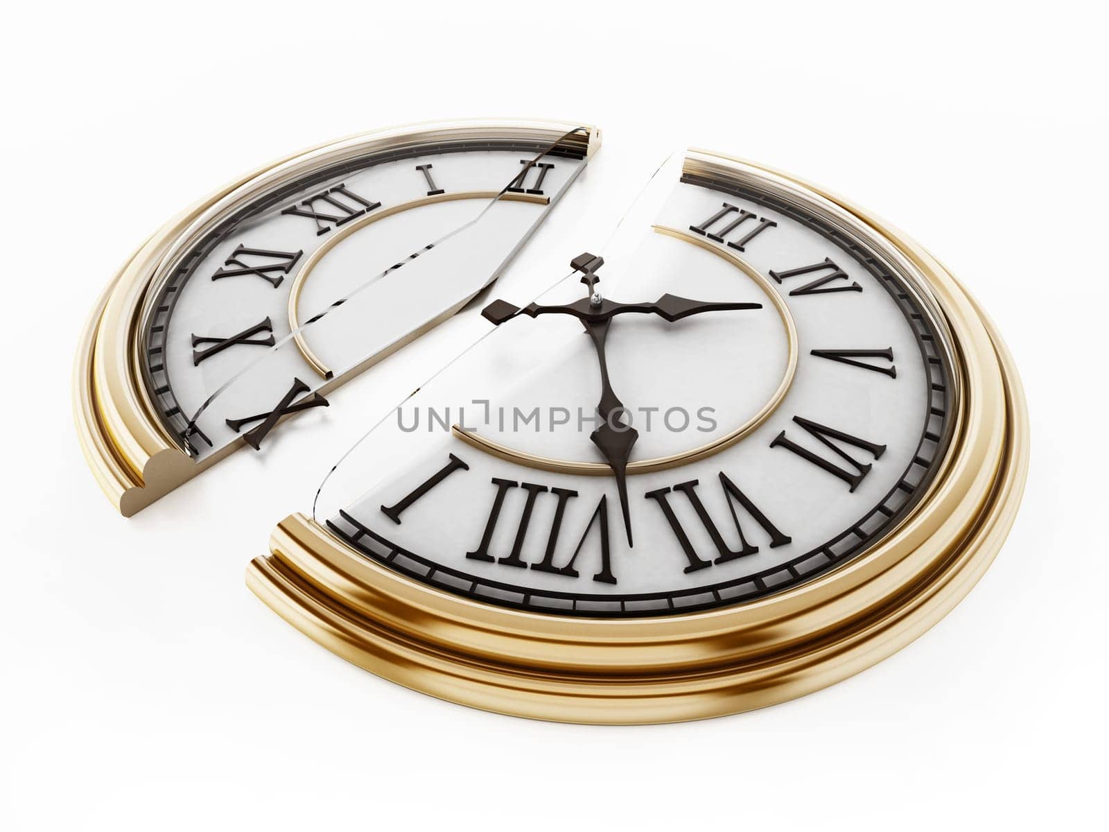 Vintage clock split in half. 3D illustration.