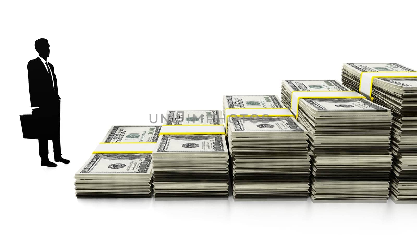 Silhouette of a businessman by dollars forming stairs. 3D illustration.