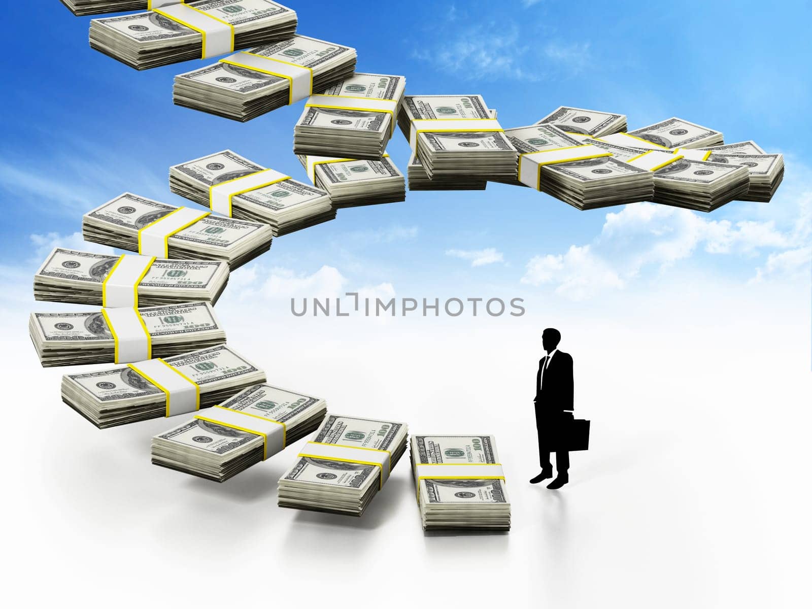 Silhouette of a businessman by dollars forming stairs. 3D illustration.