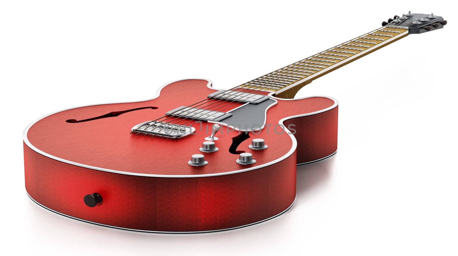 Electric guitar with flaming red wooden finish. 3D illustration.