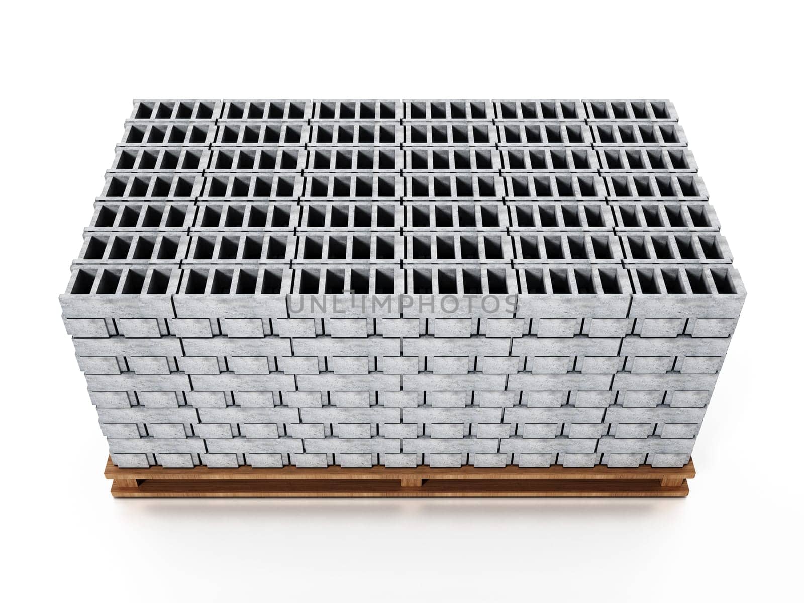 Stack of gray construction bricks standing on wooden base. 3D illustration.