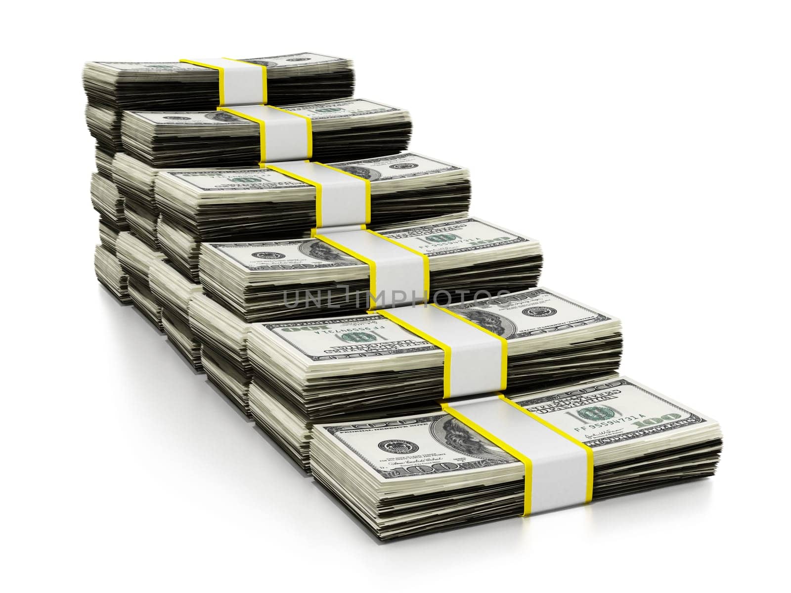 Lots of dollars forming a staircase. 3D illustration.