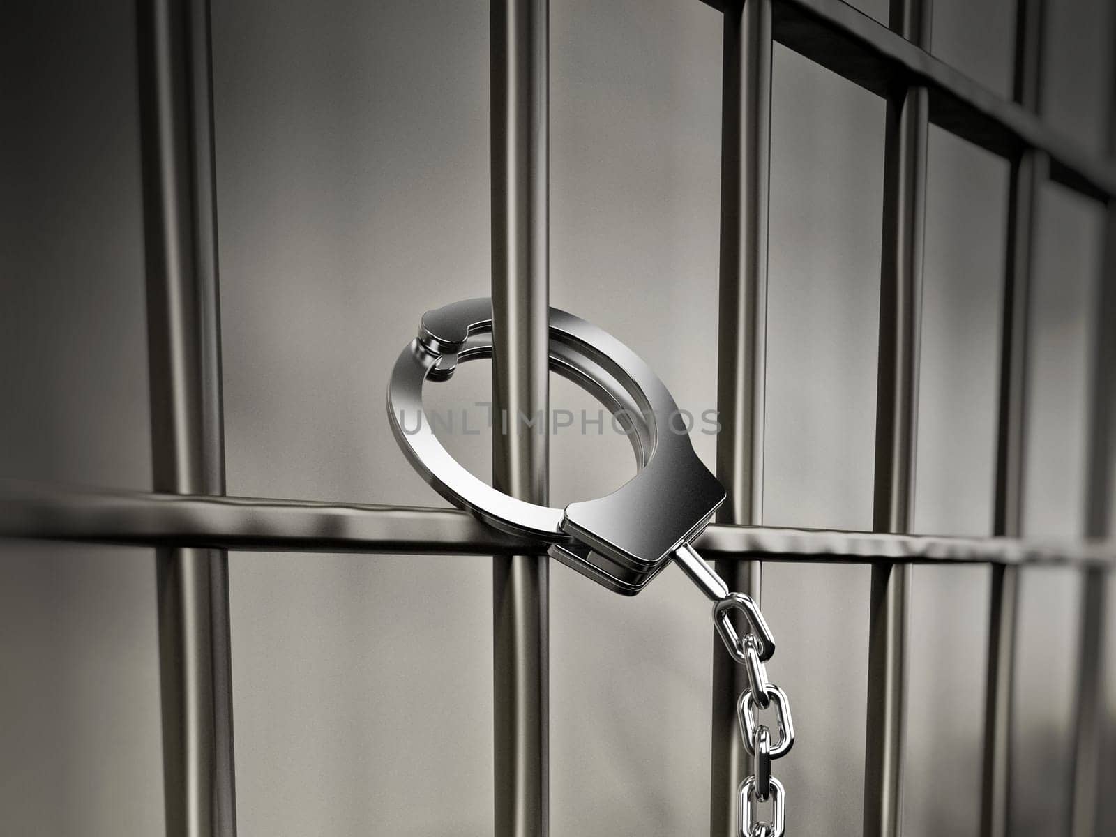 Handcuffs attached to metal prison bars.3D illustration.