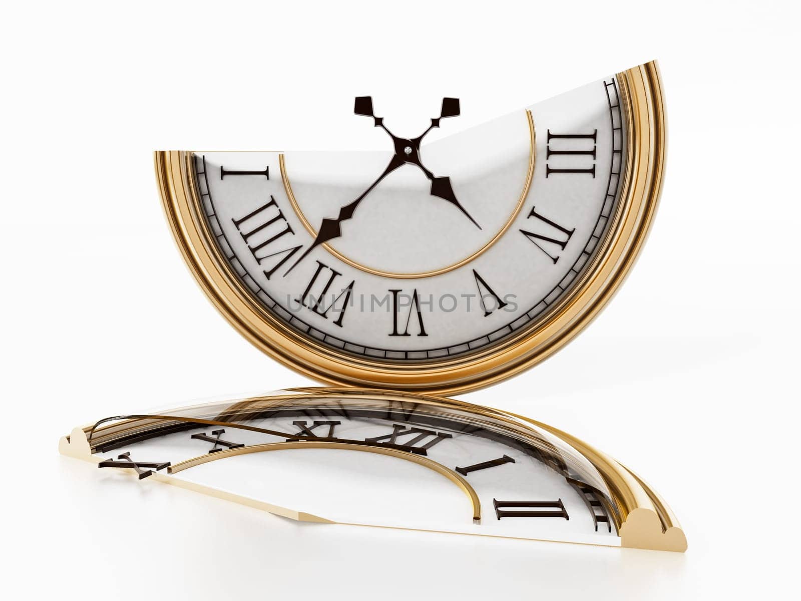 Vintage clock split in half. 3D illustration.