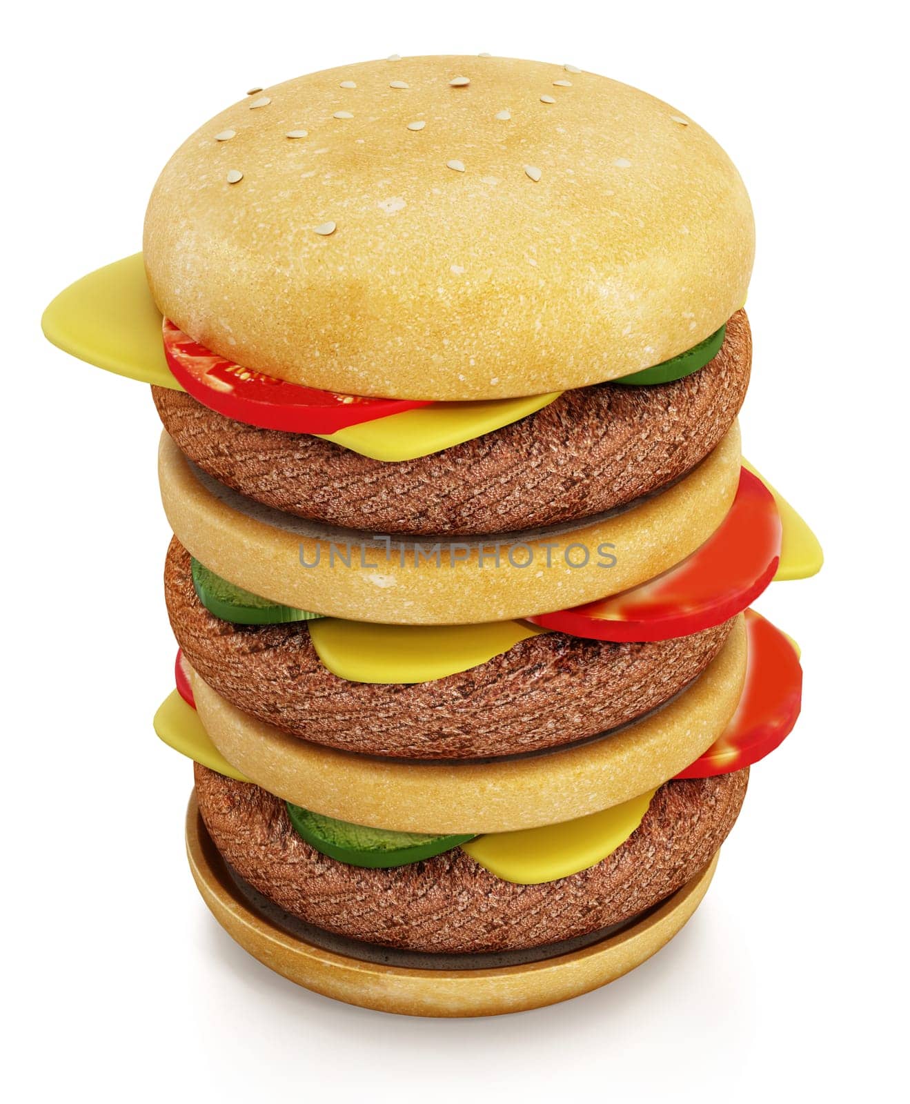 Triple sized hamburger isolated on white background. 3D illustration.