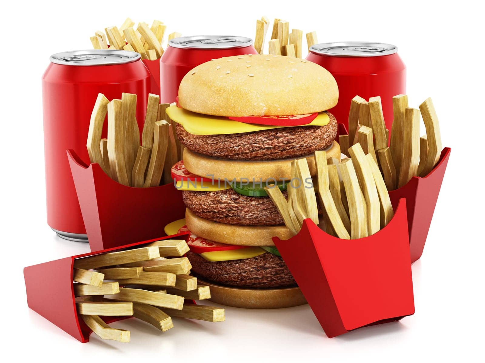 Triple sized hamburger, french fries and soda. 3D illustration.