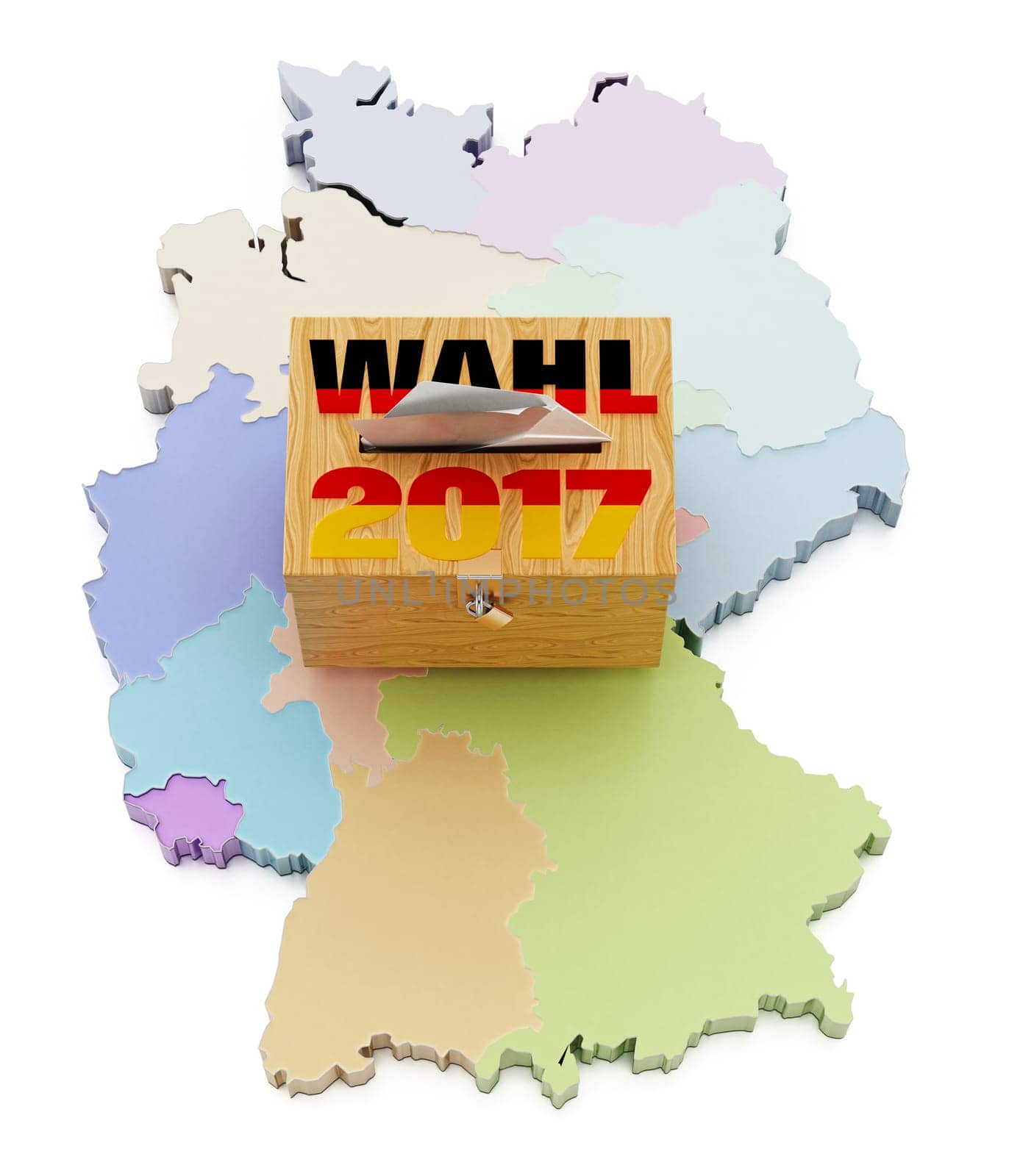 Ballot box on Germany map divided into regions. 3D illustration.