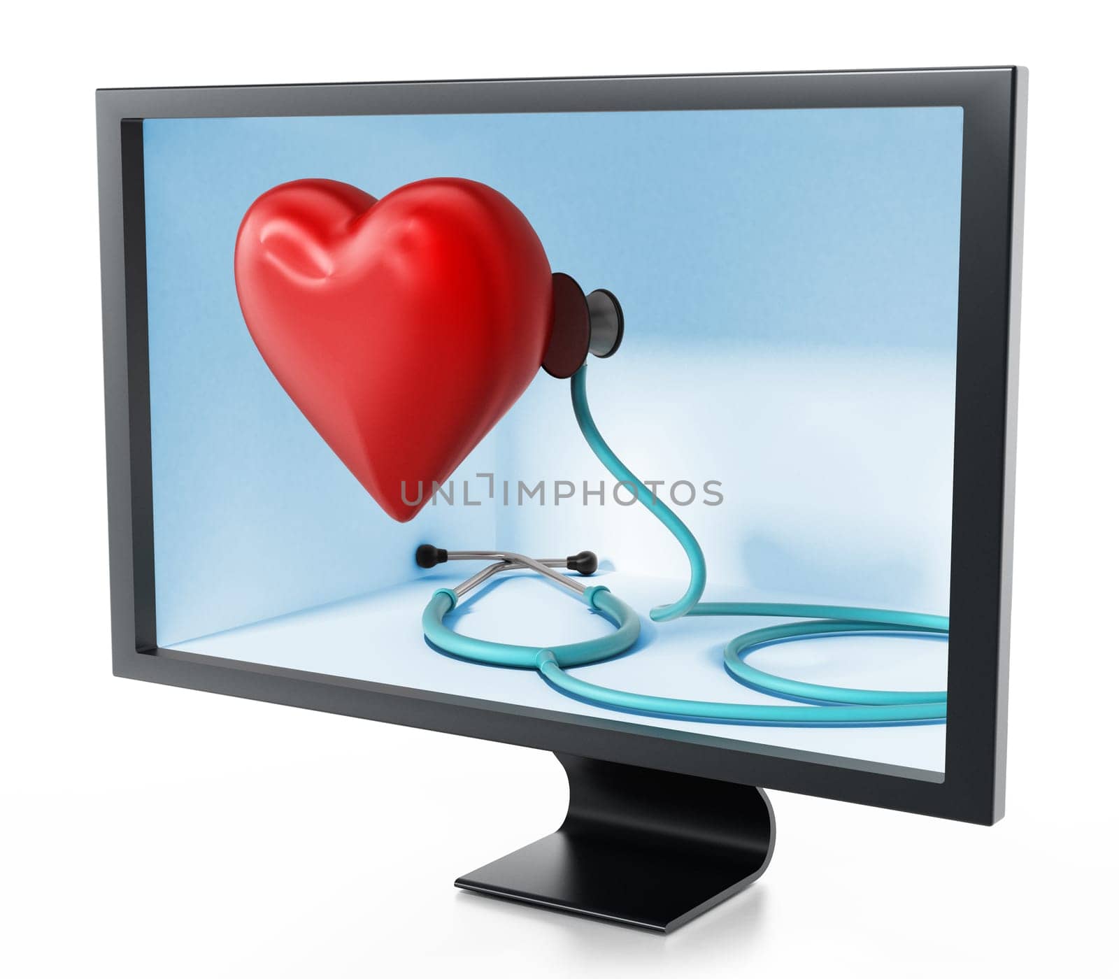 Stethoscope and red heart inside the screen. 3D illustration.