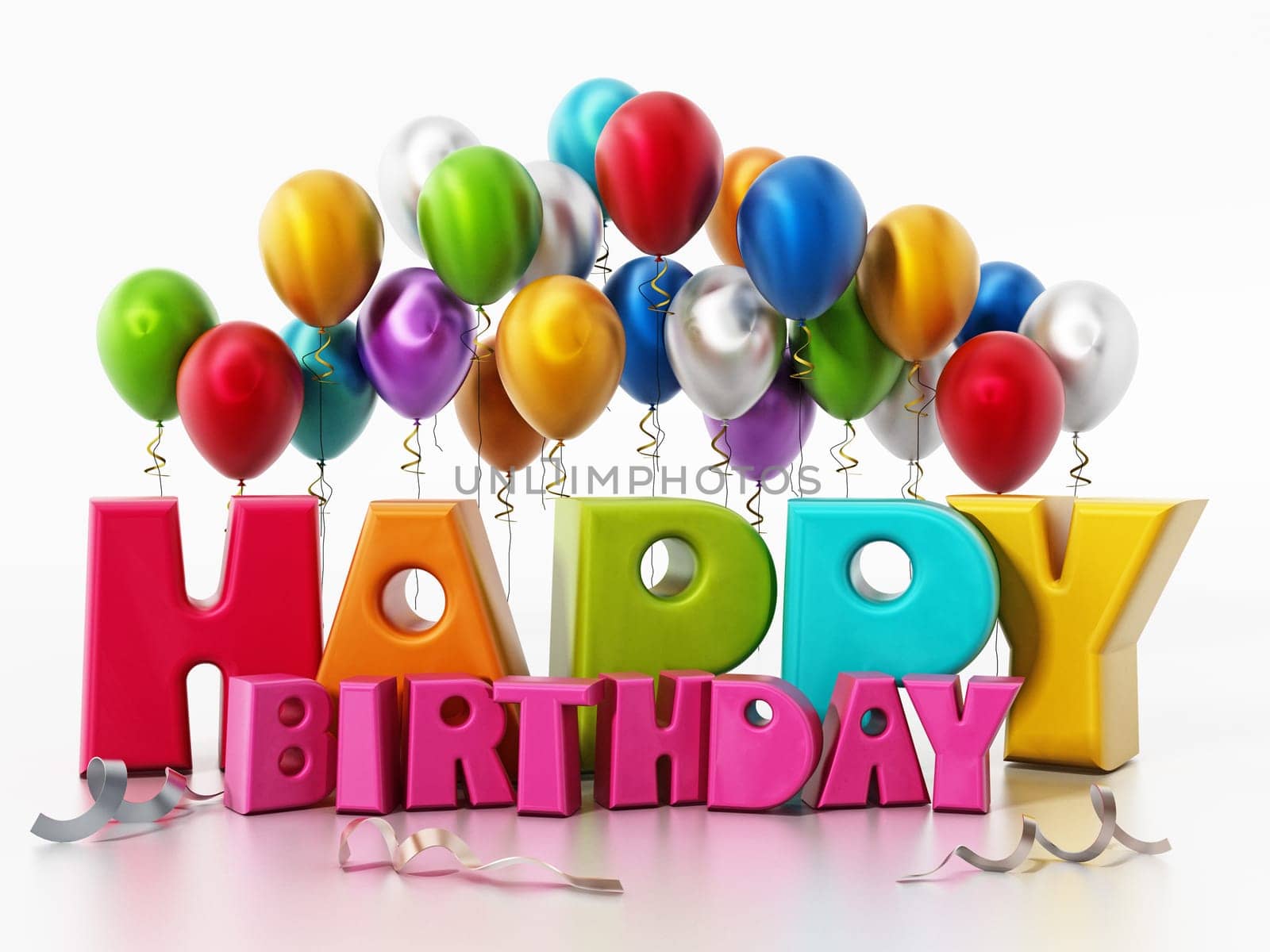 Happy birthday text and party balloons. 3D illustration.