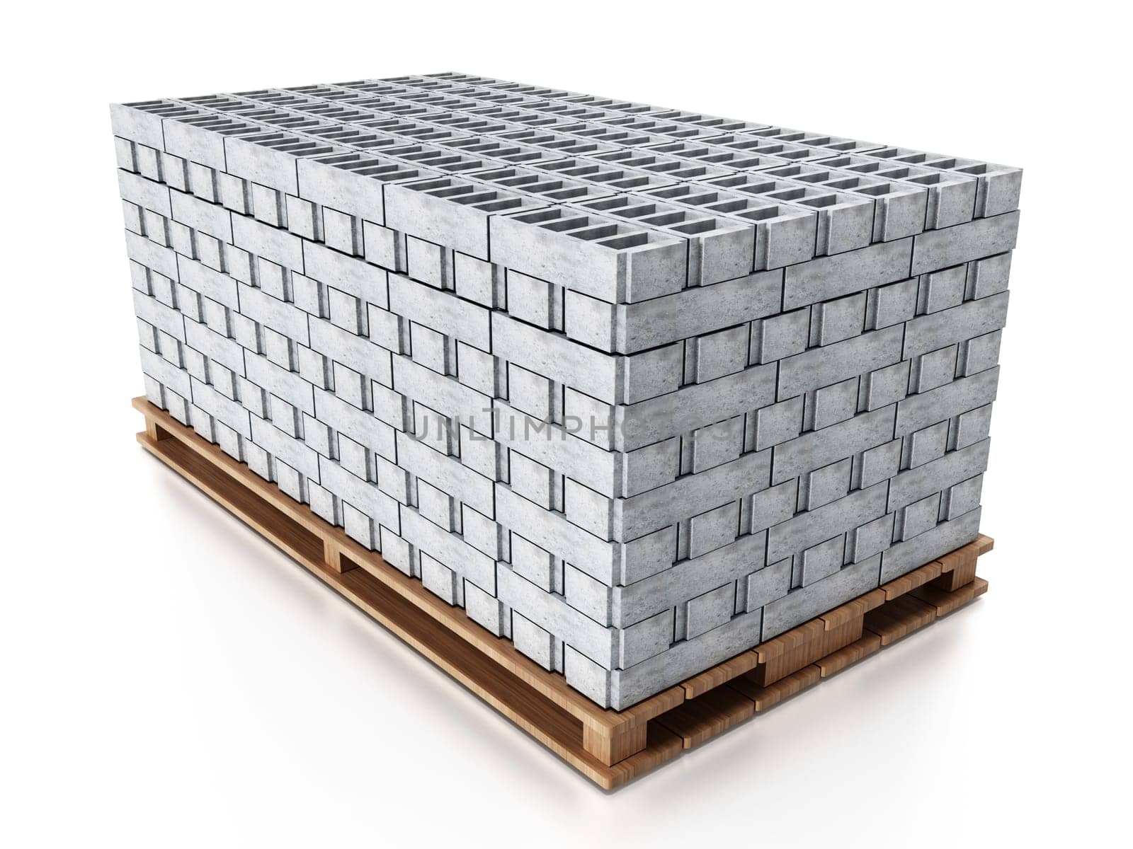 Stack of gray construction bricks standing on wooden base. 3D illustration.