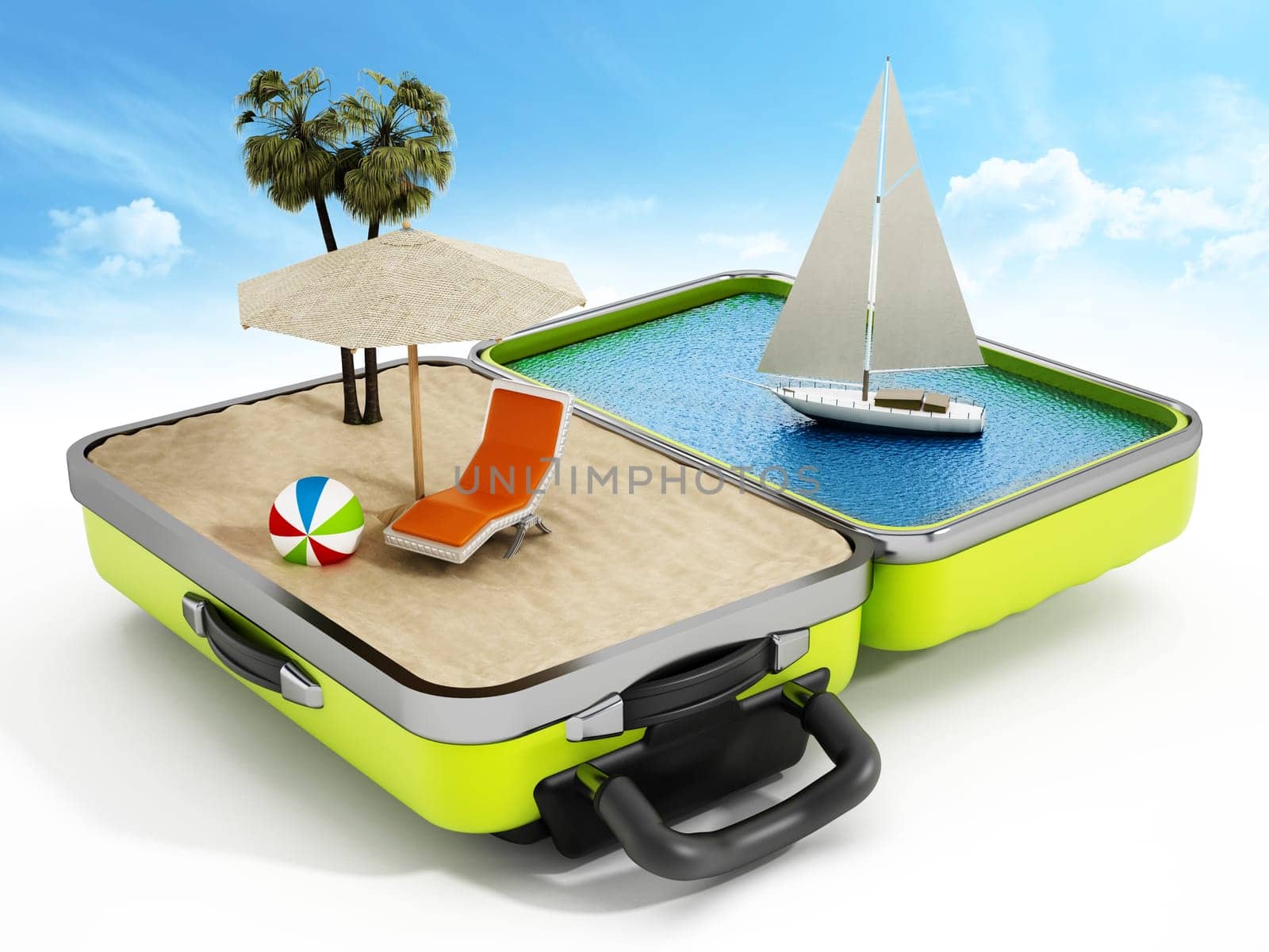 Holiday island inside half open travel suitcase. 3D illustration.
