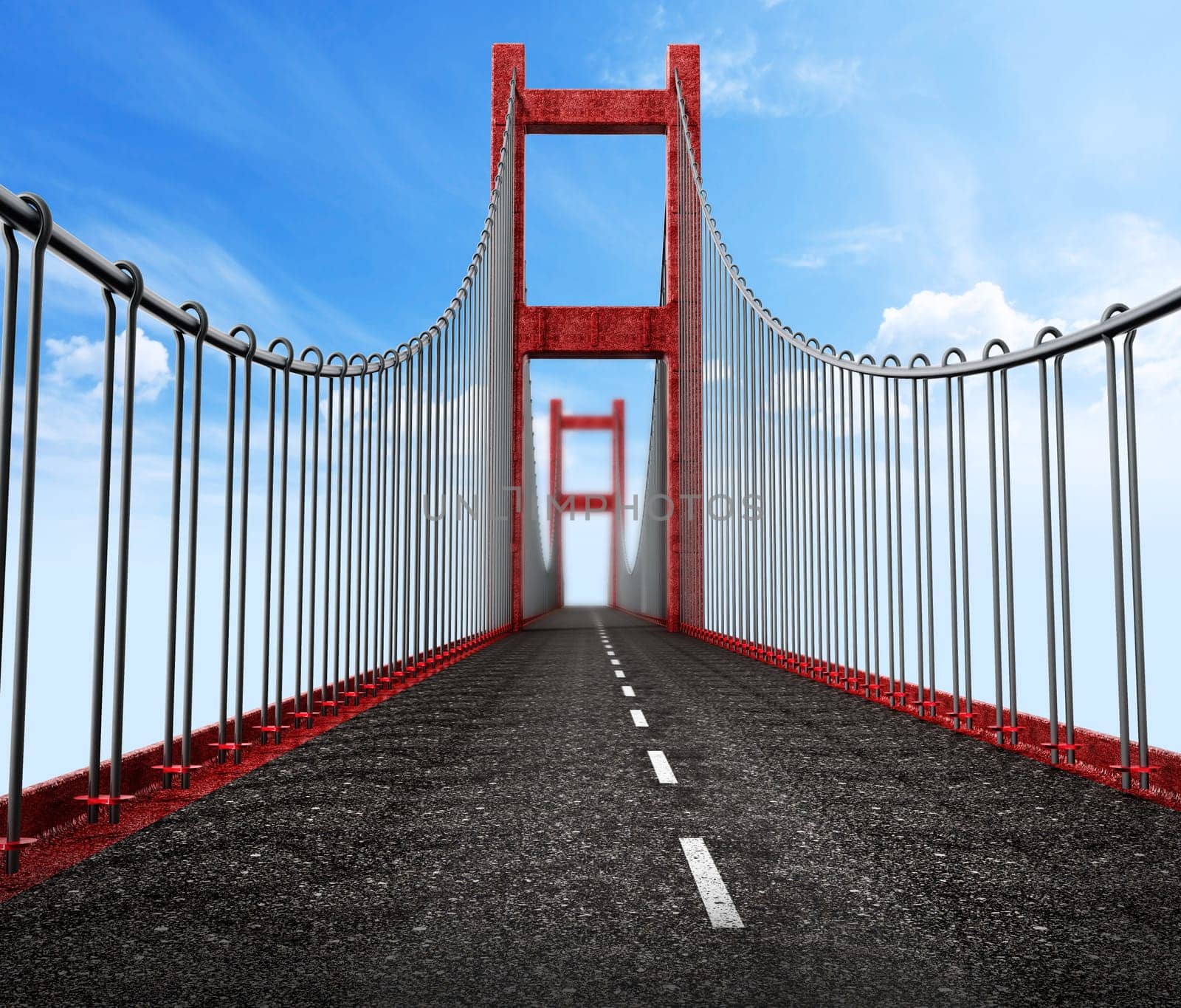Road level view from suspension bridge . 3D illustration.