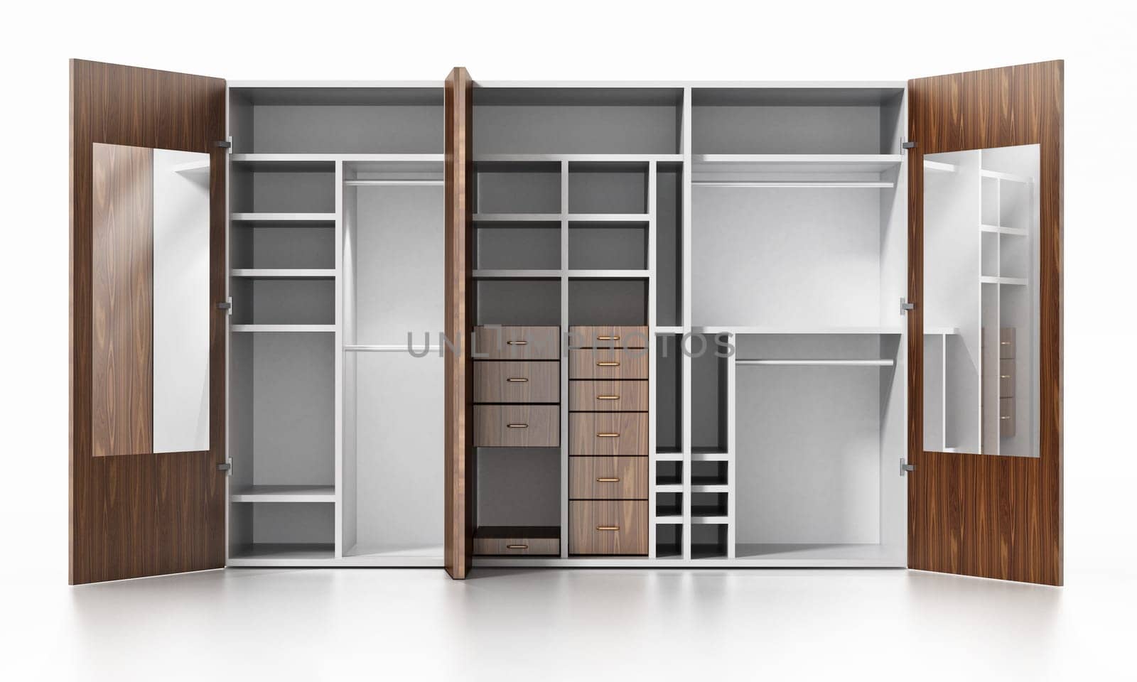 Empty wardrobe isolated on white background. 3D illustration.