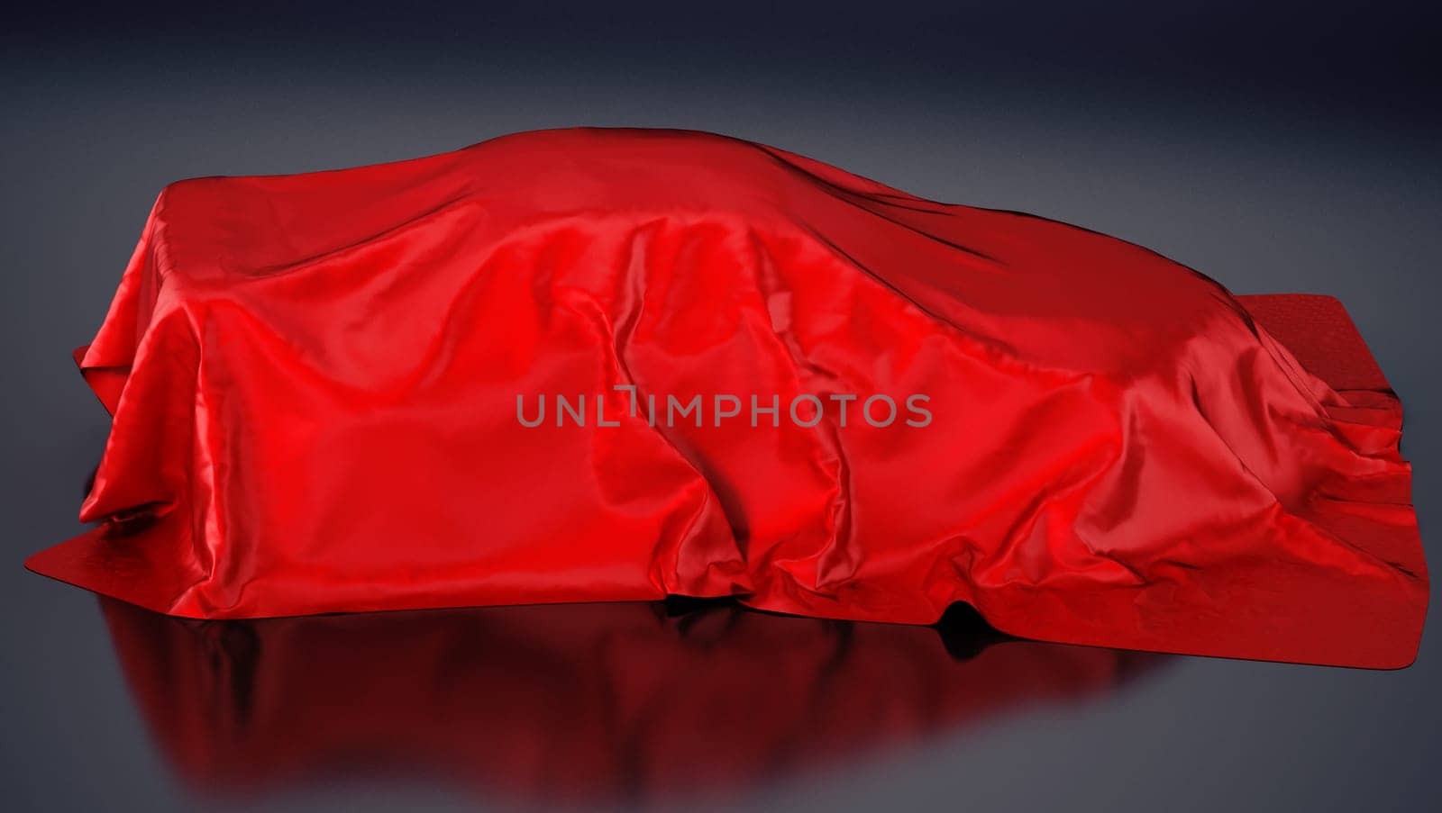 Car covered with red cloth. 3D illustration.