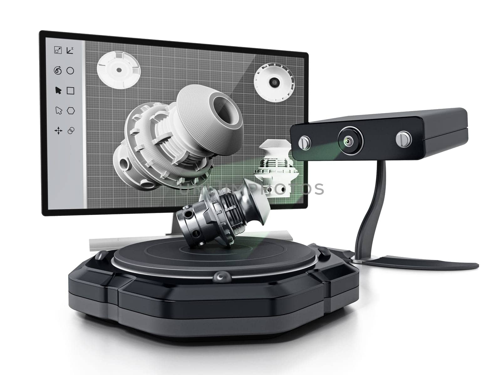 Fictitious 3D scanner isolated on white background. 3D illustration.