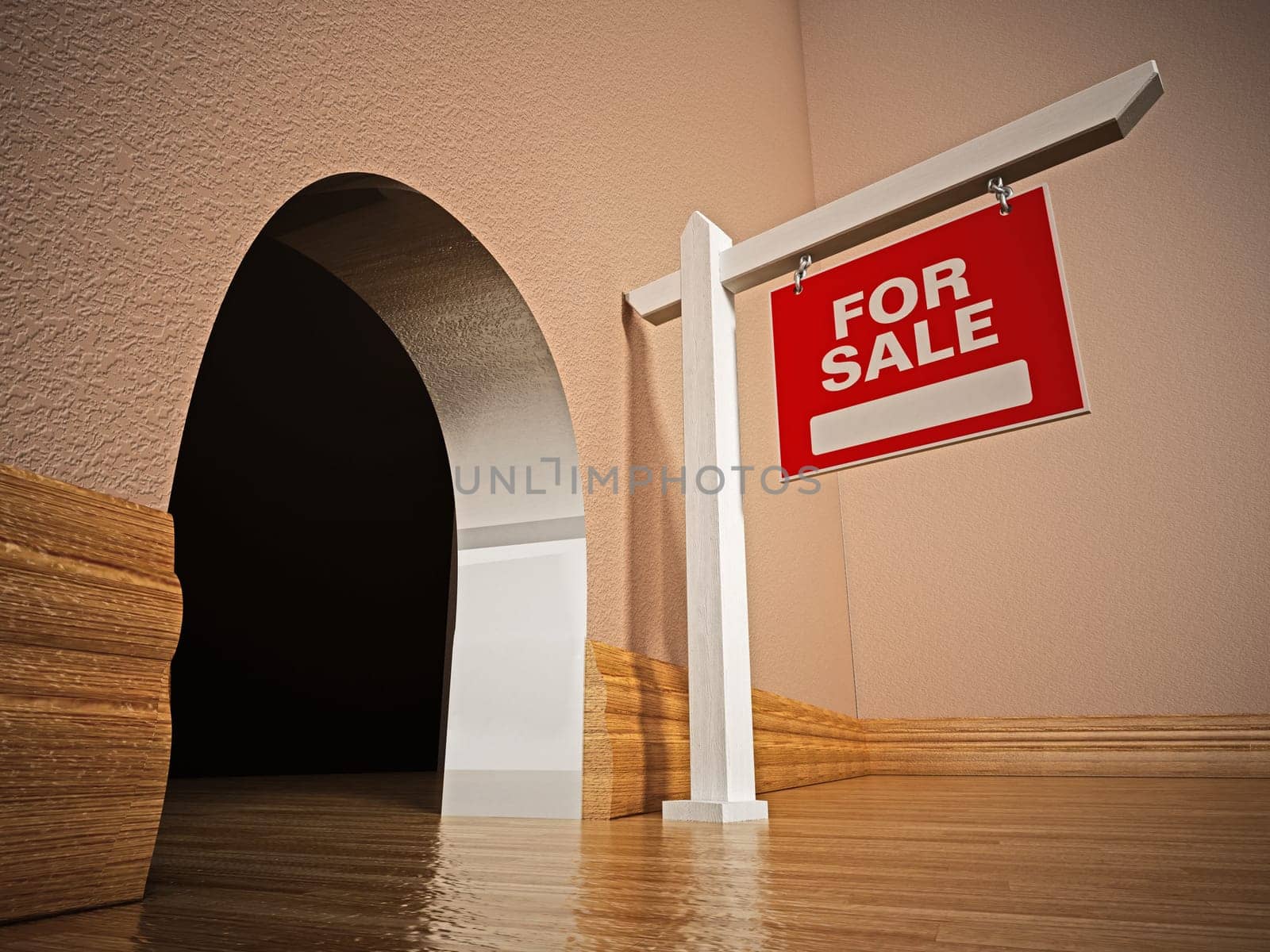 For sale signboard in front of mousehole. 3D illustration.