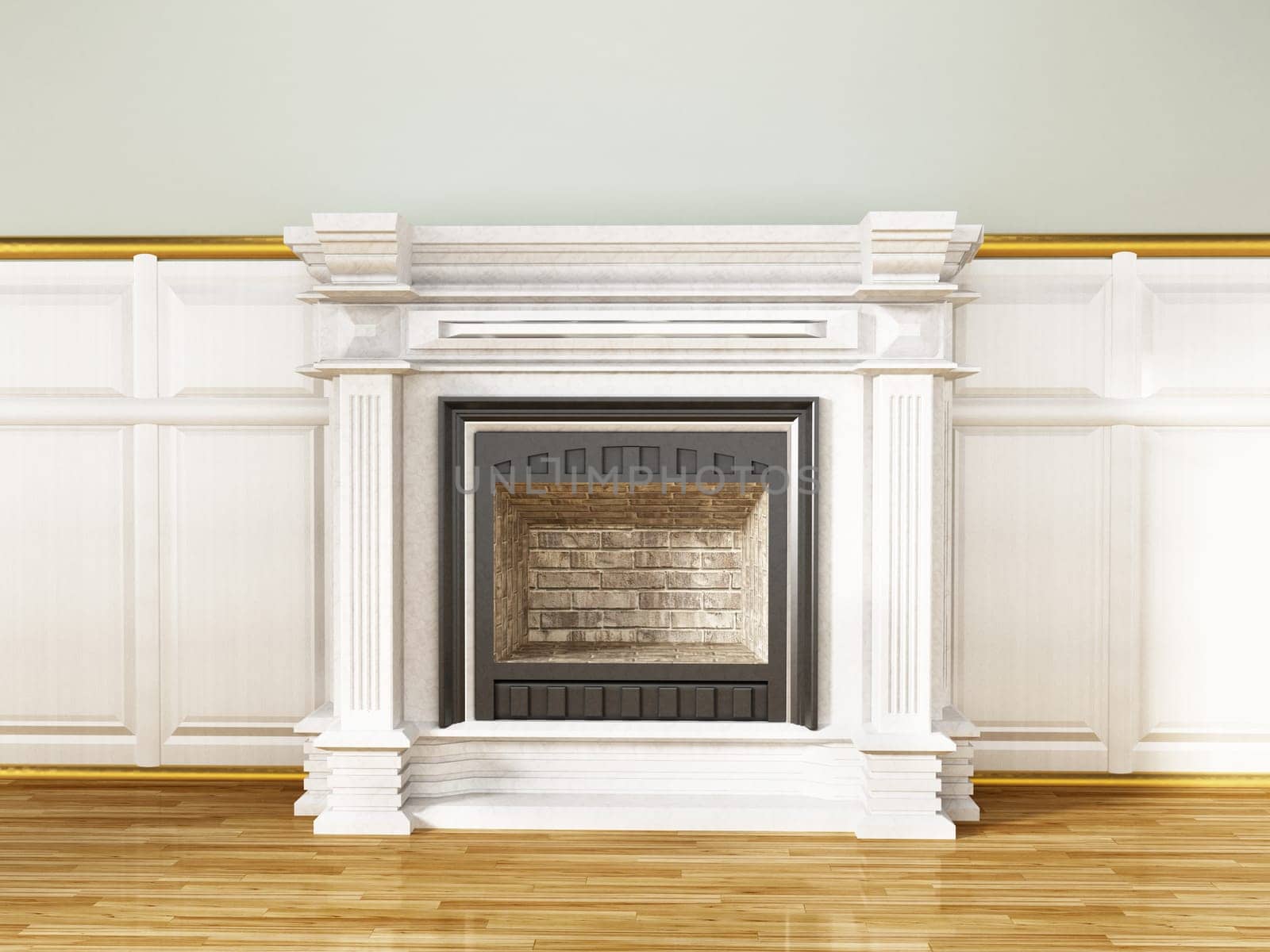 Classic styled empty white fireplace. 3D illustration.