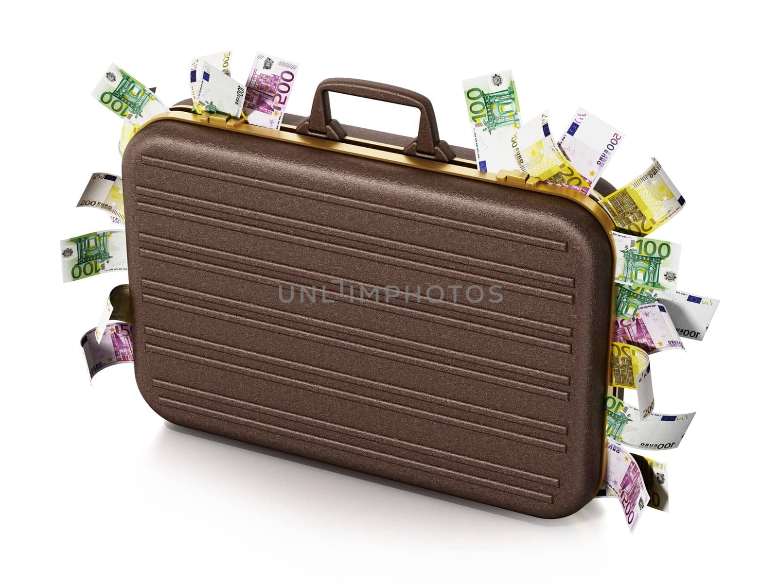 Euro piles inside briefcase isolated on white background. 3D illustration.