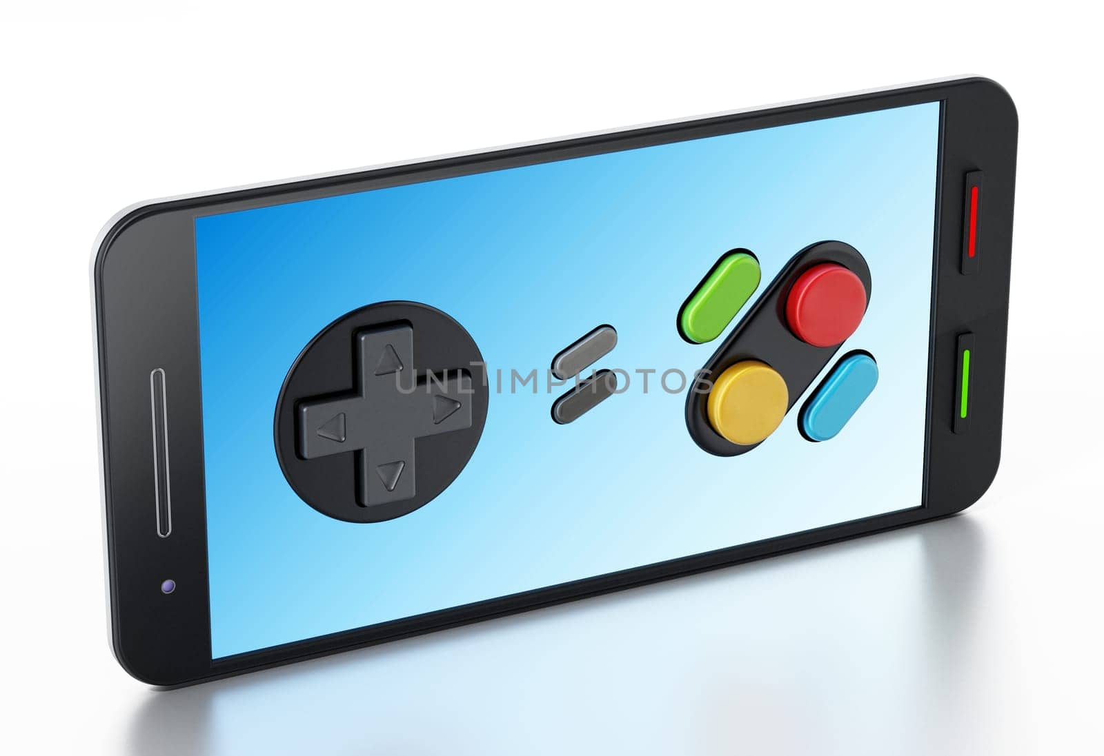 Gamepad buttons on smartphone isolated on white background. 3D illustration.