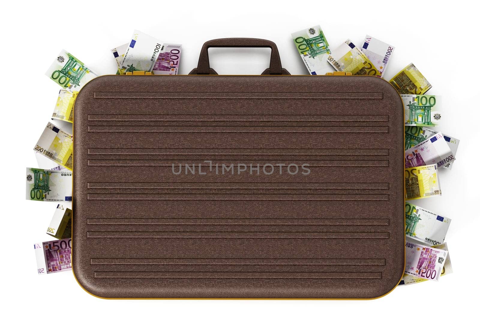 Euro piles inside briefcase isolated on white background. 3D illustration.
