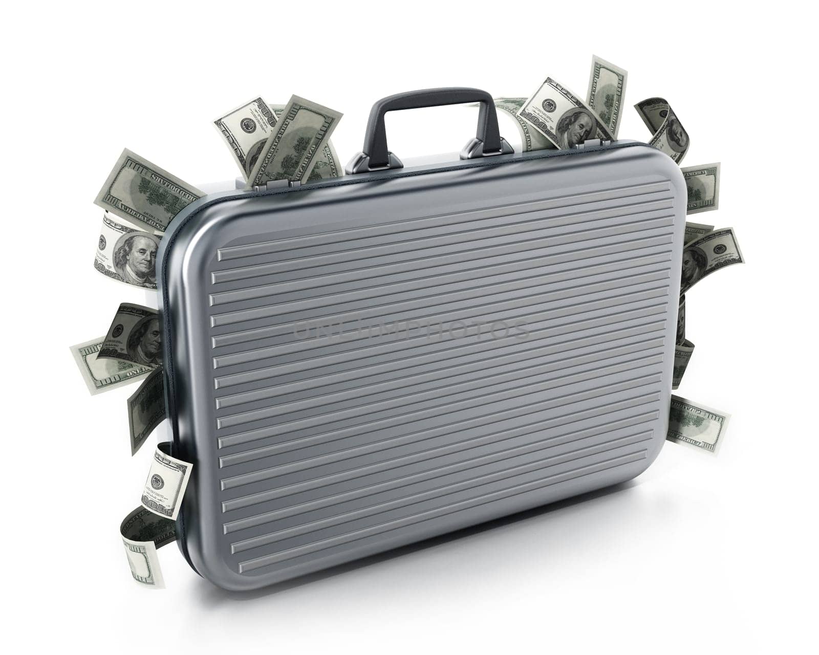 Dollar piles inside briefcase isolated on white background. 3D illustration.