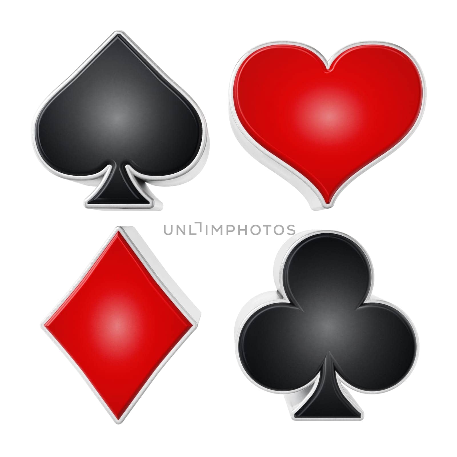 Playing card suits symbols isolated on white background. 3D illustration.