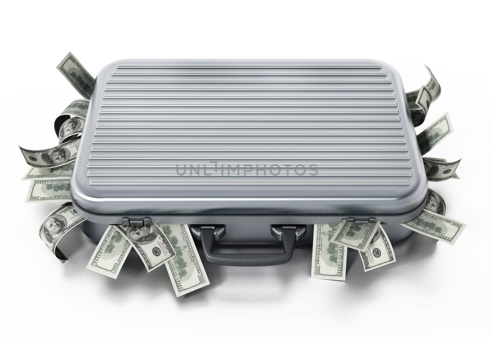 Dollar piles inside briefcase isolated on white background. 3D illustration.