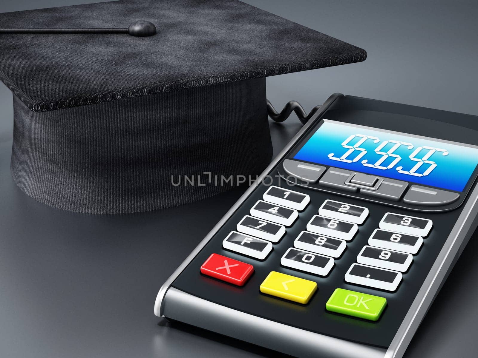 Education expenses concept with calculator connected to mortarboard. 3D illustration.