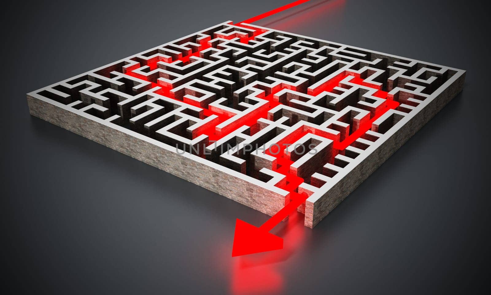 Red arrow successfully navigating trough the labyrinth. 3D illustration.