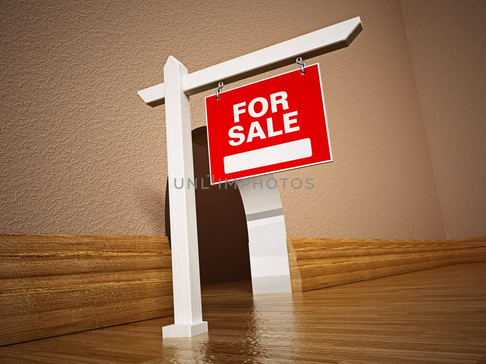 For sale signboard in front of mousehole. 3D illustration.