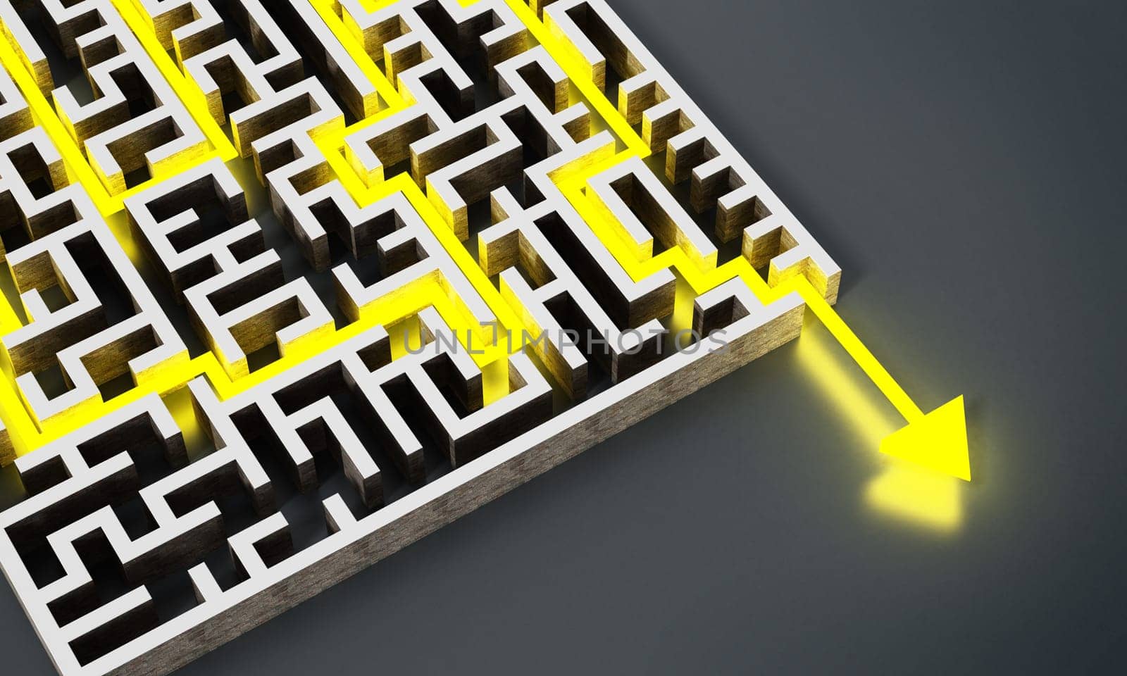 Yellow arrow successfully navigating trough the labyrinth. 3D illustration.