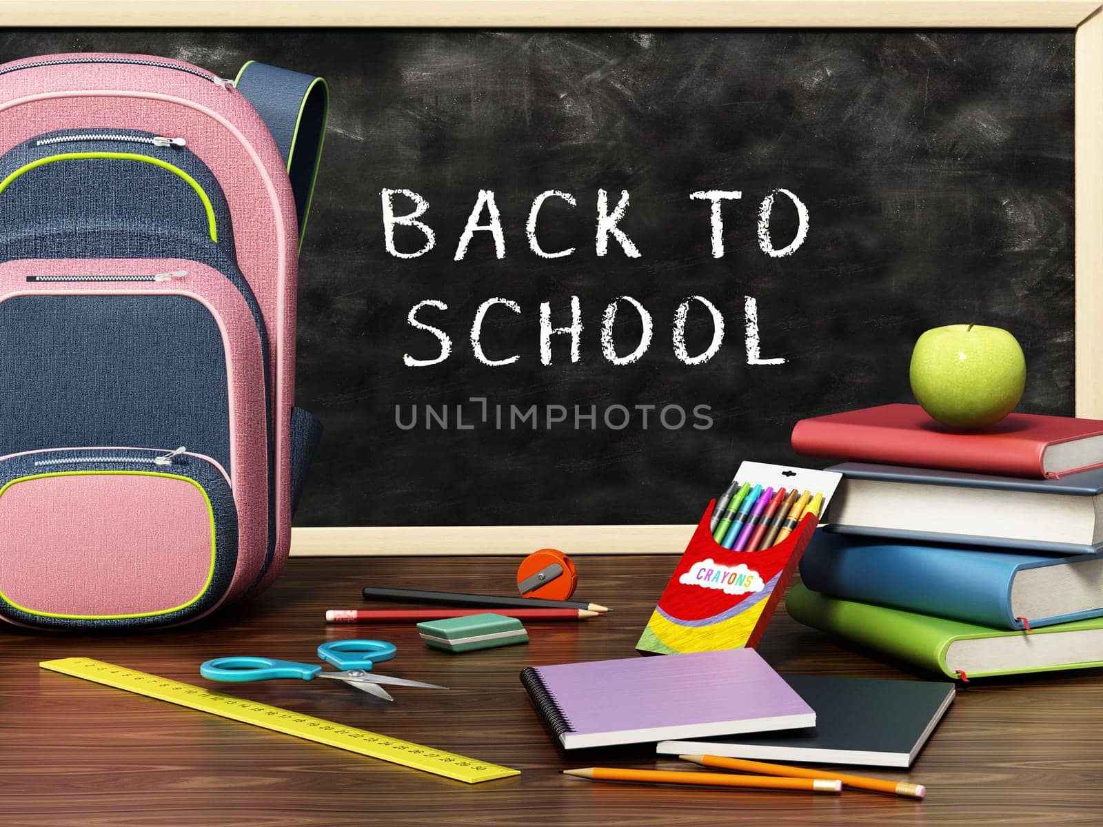 School backpack and objects scattered on the table. 3D illustration.